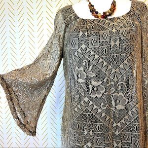 Rabbit rabbit rabbit design tan / gold lace dress. Size 10. MIDI